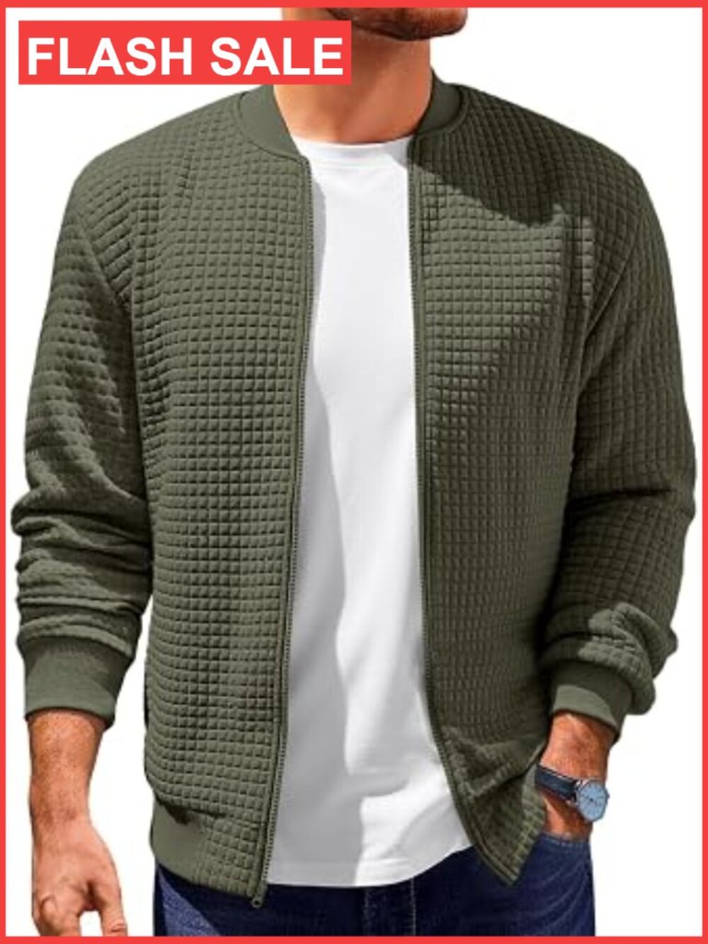 Men's Lightweight Quilted Bomber Jacket Waffle Varsity Coat Zip